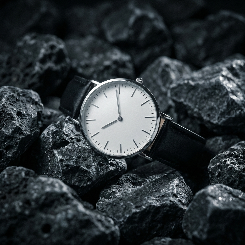 Minimalist dress watch with white dial and black leather strap by MerchLuxx on dark rocks
