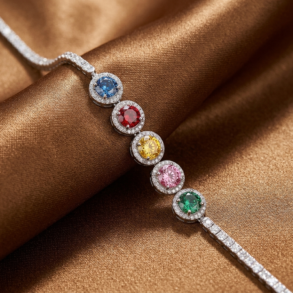 5 carat multicolor moissanite bracelet in sterling silver in a jewelry box