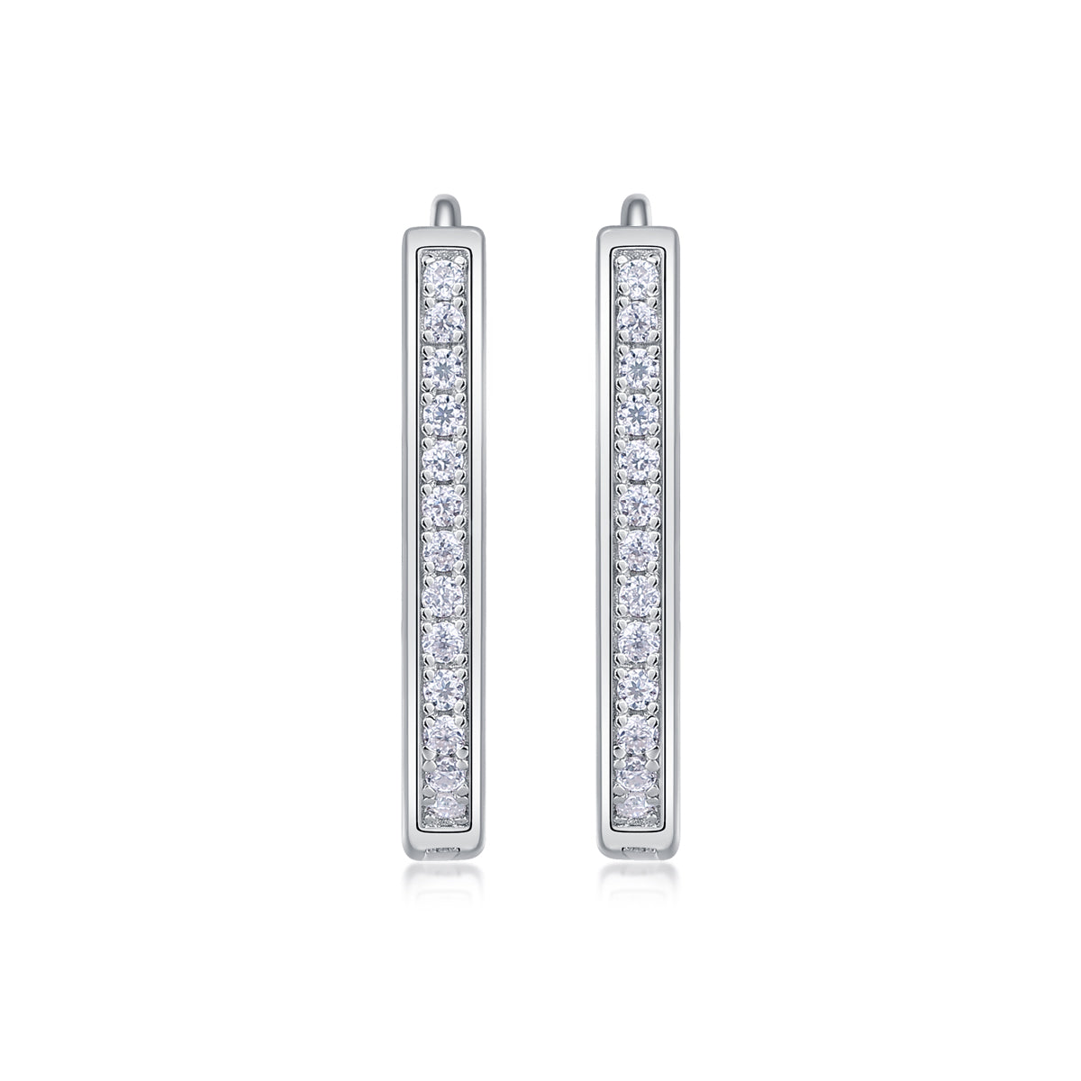 Avelisse pavé moissanite elongated huggie hoop earrings in platinum-plated sterling silver by MerchLuxx  on a white background