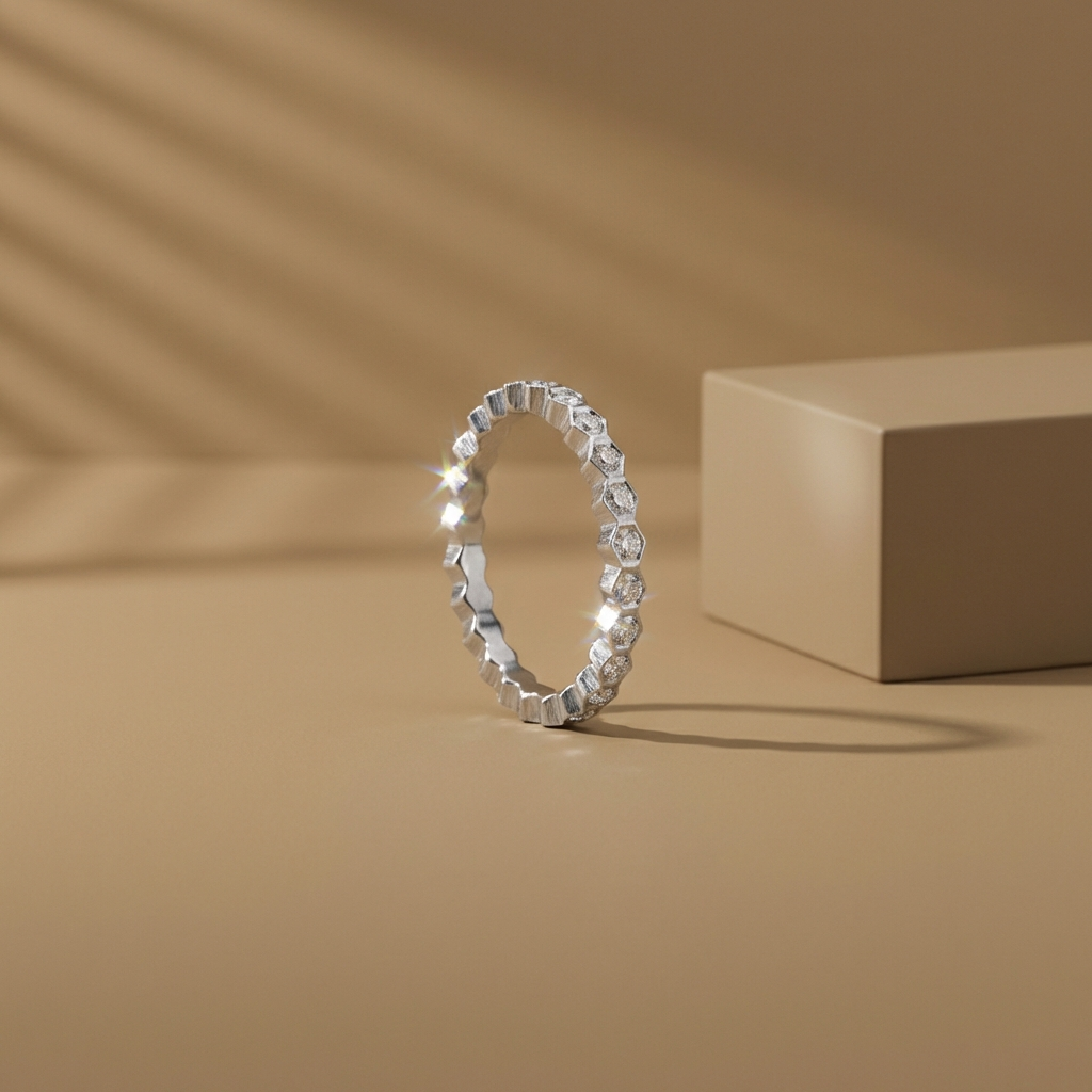 Eternyx moissanite hexagon eternity ring in rhodium-plated sterling silver by MerchLuxx