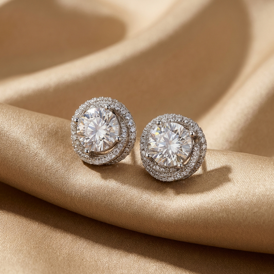 6 carat moissanite halo stud earrings in platinum-plated 925 sterling silver with double halo setting