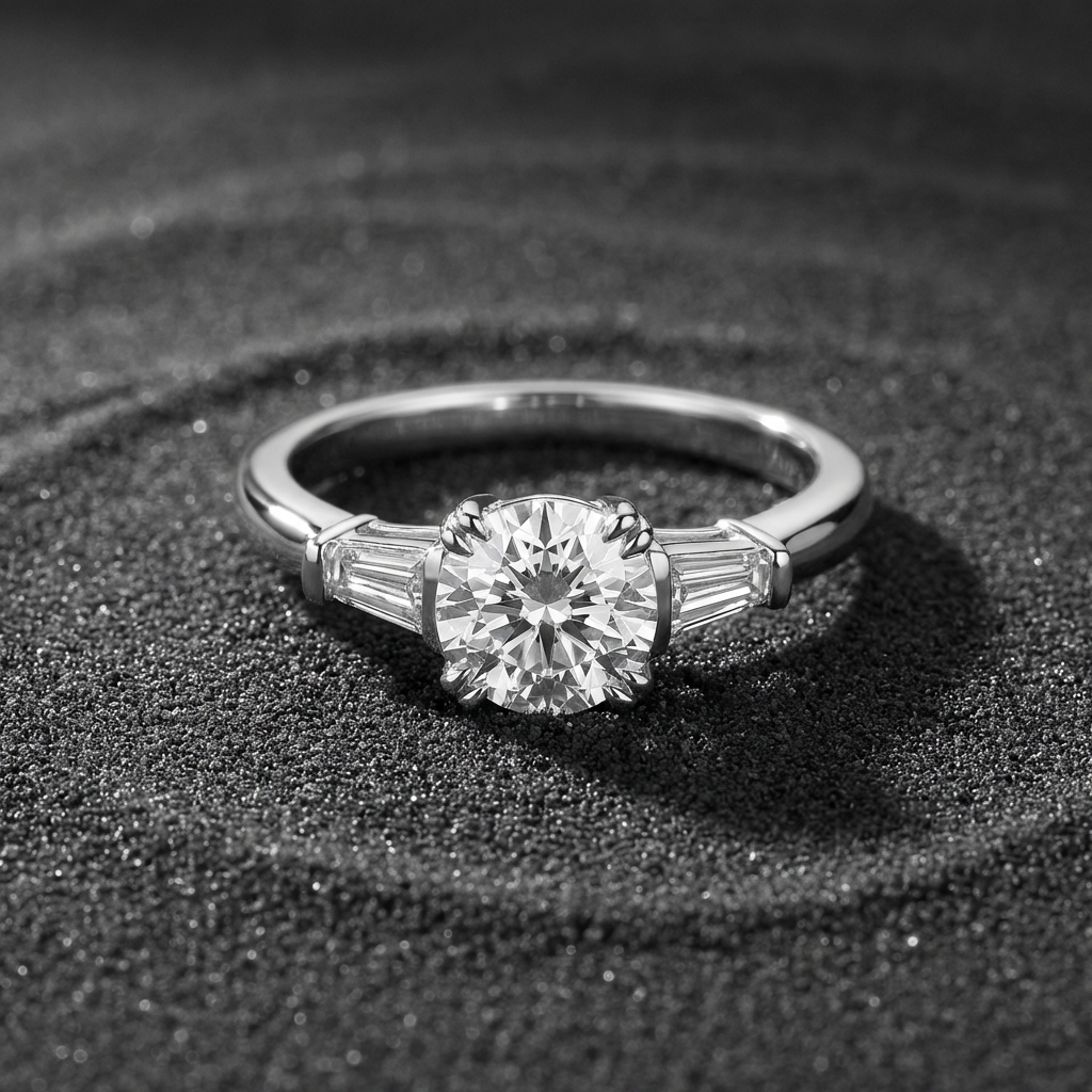 Virella 1 carat moissanite three-stone ring in S925 sterling silver with baguette side stones, luxury engagement ring by MerchLuxx on a black textured surface