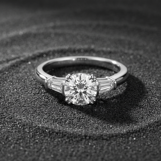 Virella 1 carat moissanite three-stone ring in S925 sterling silver with baguette side stones, luxury engagement ring by MerchLuxx on a black textured surface