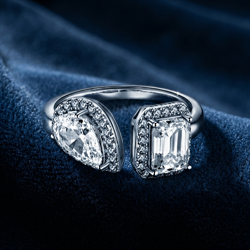 emerald-cut moissanite open bypass ring with pear accent stone in platinum-plated sterling silver on a dark blue fabric background