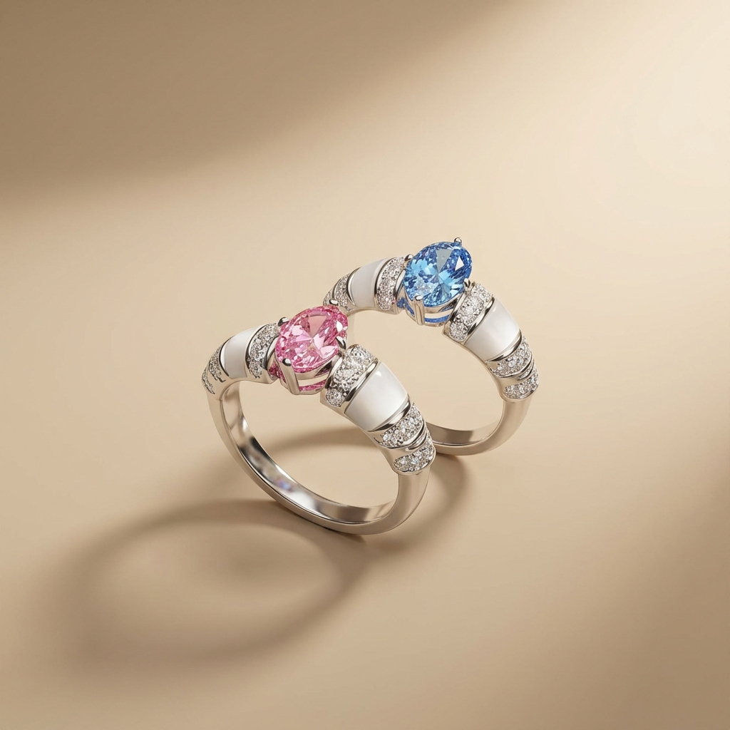 Veloria 1-carat pink and blue moissanite accent ring in platinum-plated sterling silver by MerchLuxx on a beige background
