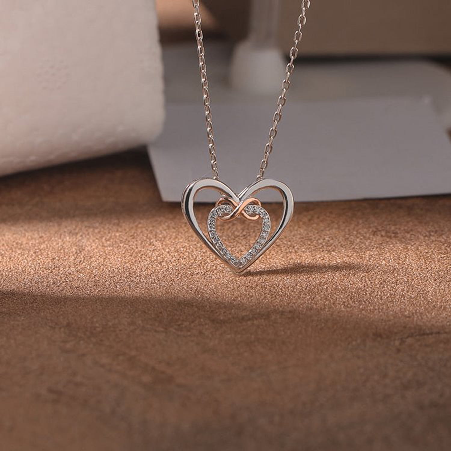 Heart Shape Zircon Sterling Silver Necklace with Gold Infinity Knot | MerchLuxx - MerchLuxx