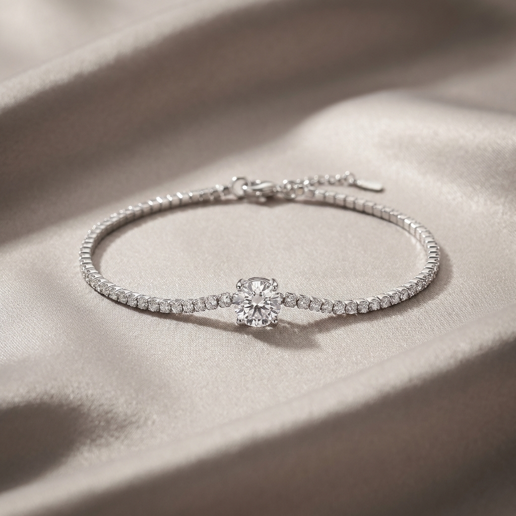 Écloria 1 carat moissanite tennis bracelet in S925 sterling silver, delicate luxury wrist jewelry by MerchLuxx on a beige fabric background