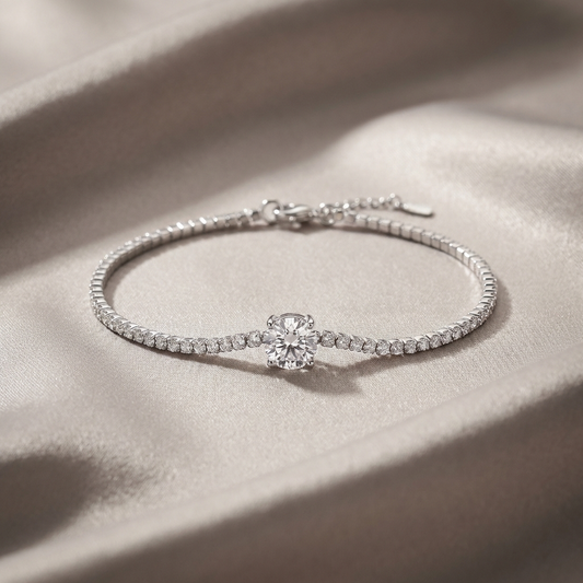 Écloria 1 carat moissanite tennis bracelet in S925 sterling silver, delicate luxury wrist jewelry by MerchLuxx on a beige fabric background