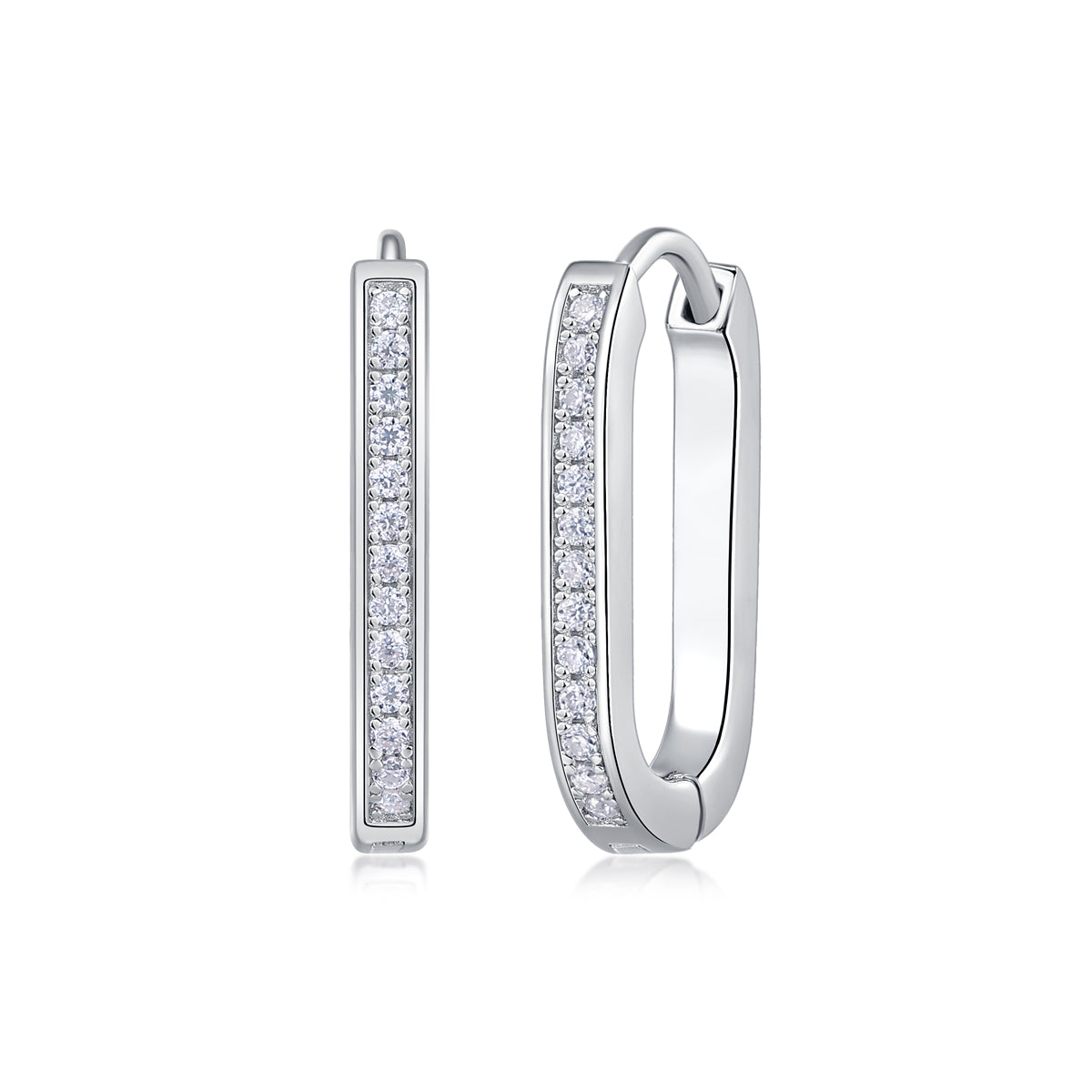 Avelisse pavé moissanite elongated huggie hoop earrings in platinum-plated sterling silver by MerchLuxx on a white background