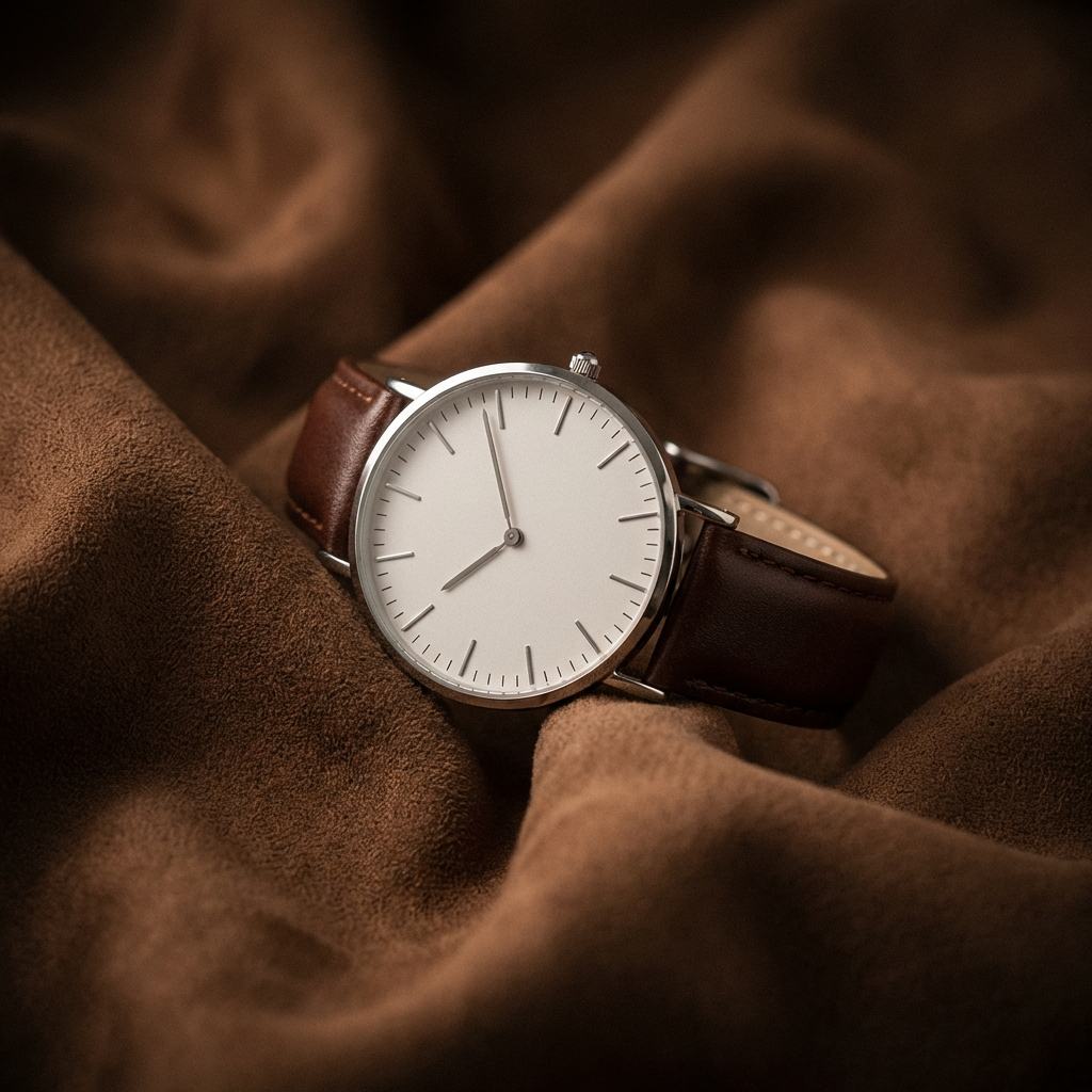 Minimalist dress watch with white dial and brown leather strap by MerchLuxx on a textured brown fabric background
