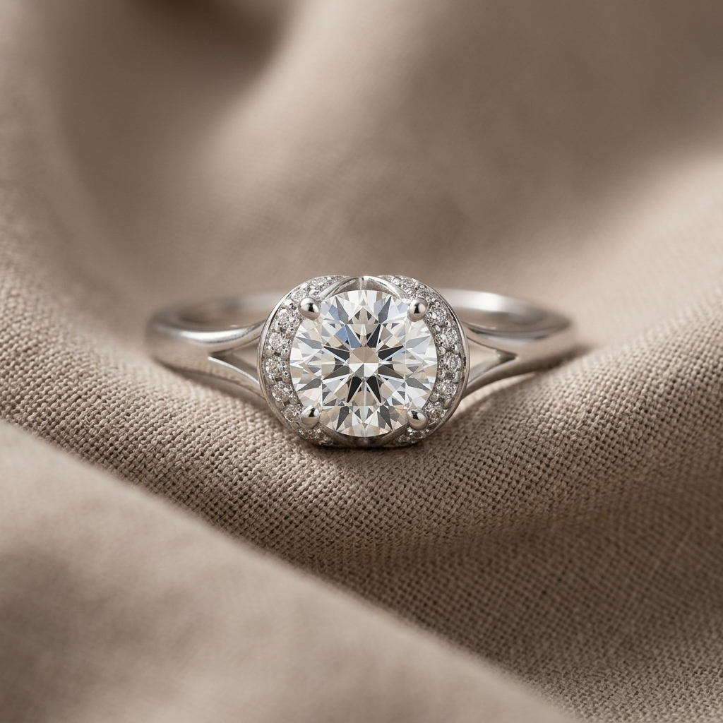 Velora moissanite split shank ring with brilliant center stone and polished silver band