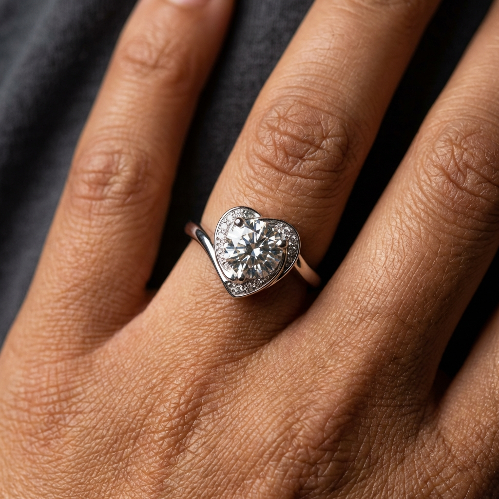 Close up of the 1-carat heart moissanite swirl ring in platinum-plated 925 sterling silver with zircon accents on a person's finger