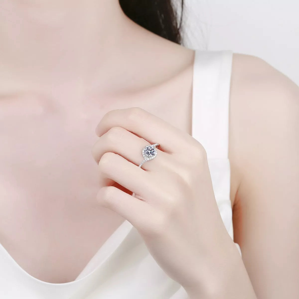 Woman wearing the Elowen™ Moissanite Crossover Ring