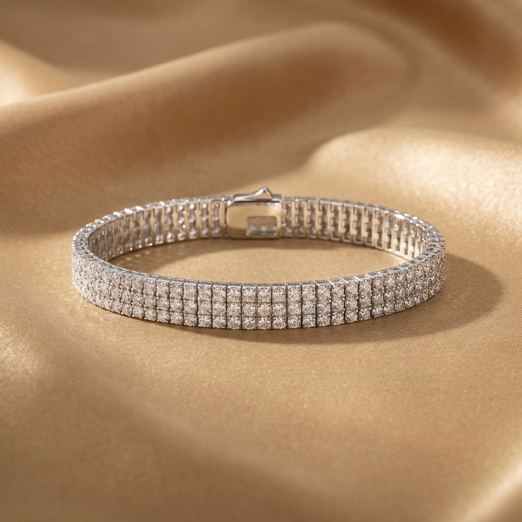Imperielle multi-row moissanite tennis bracelet in S925 sterling silver, wide statement wrist jewelry by MerchLuxx on a beige fabric background