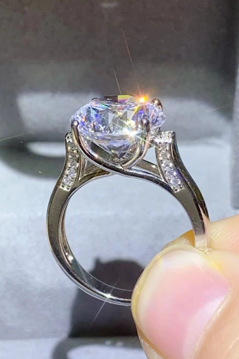 Elystra 5-carat moissanite solitaire ring in platinum-plated sterling silver by MerchLuxx