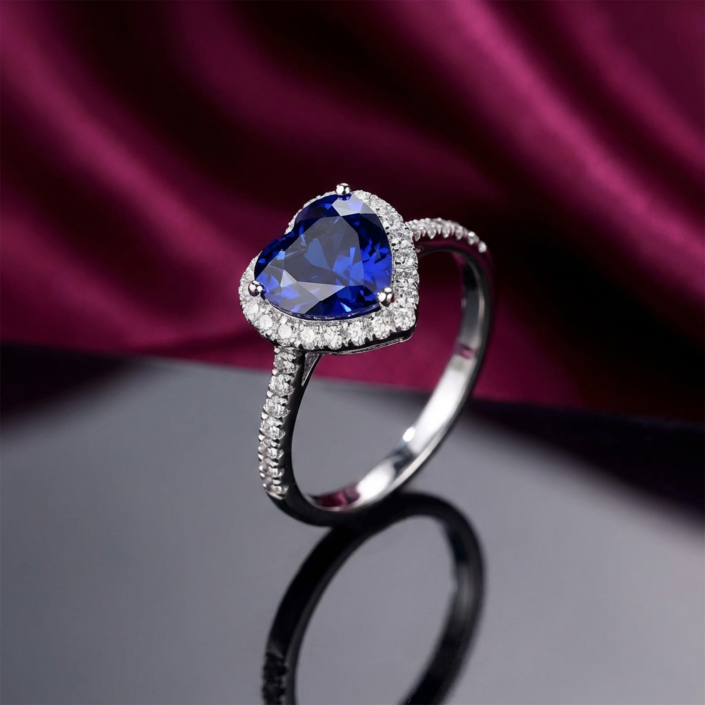 2 carat blue heart moissanite ring in platinum-plated sterling silver with pavé side stones on a reflective surface with a purple fabric background