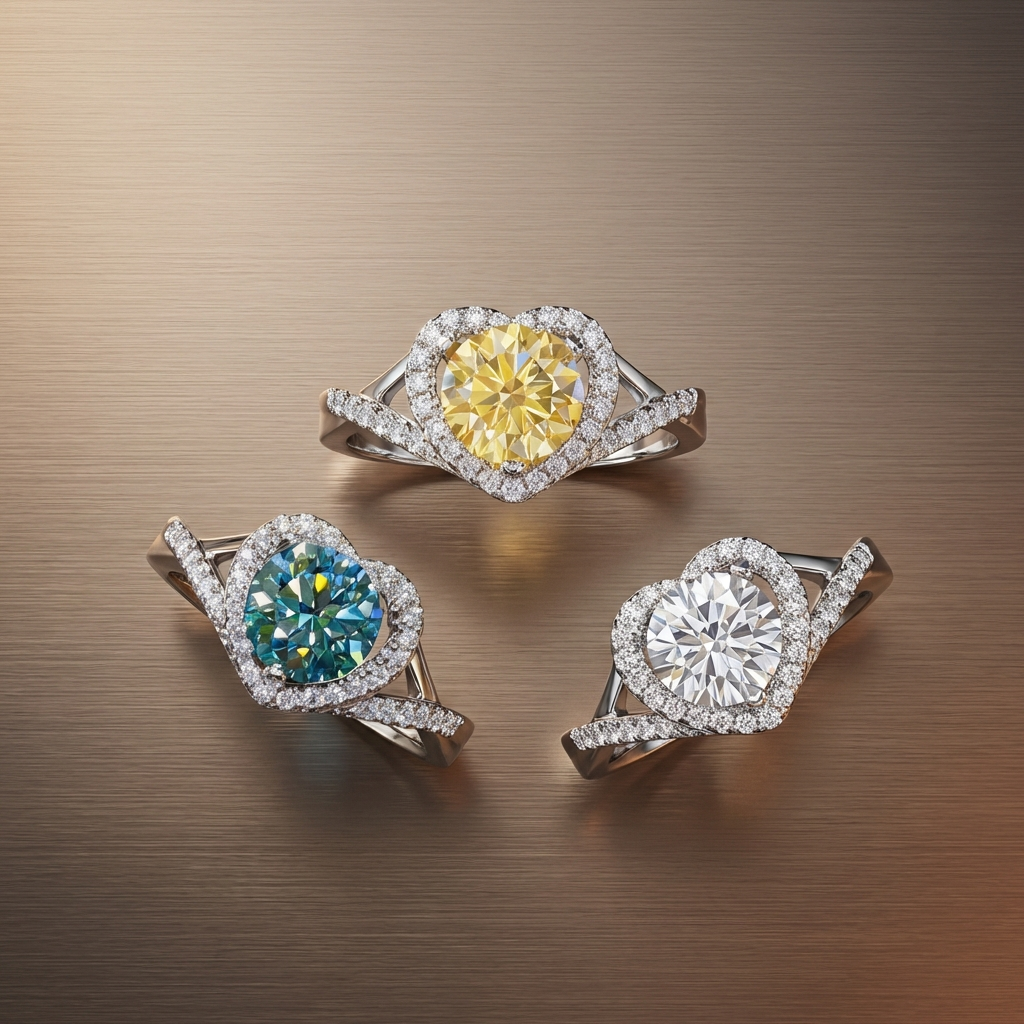  1-carat heart moissanite halo ring in platinum-plated sterling silver available in green, yellow, and white on a brown background