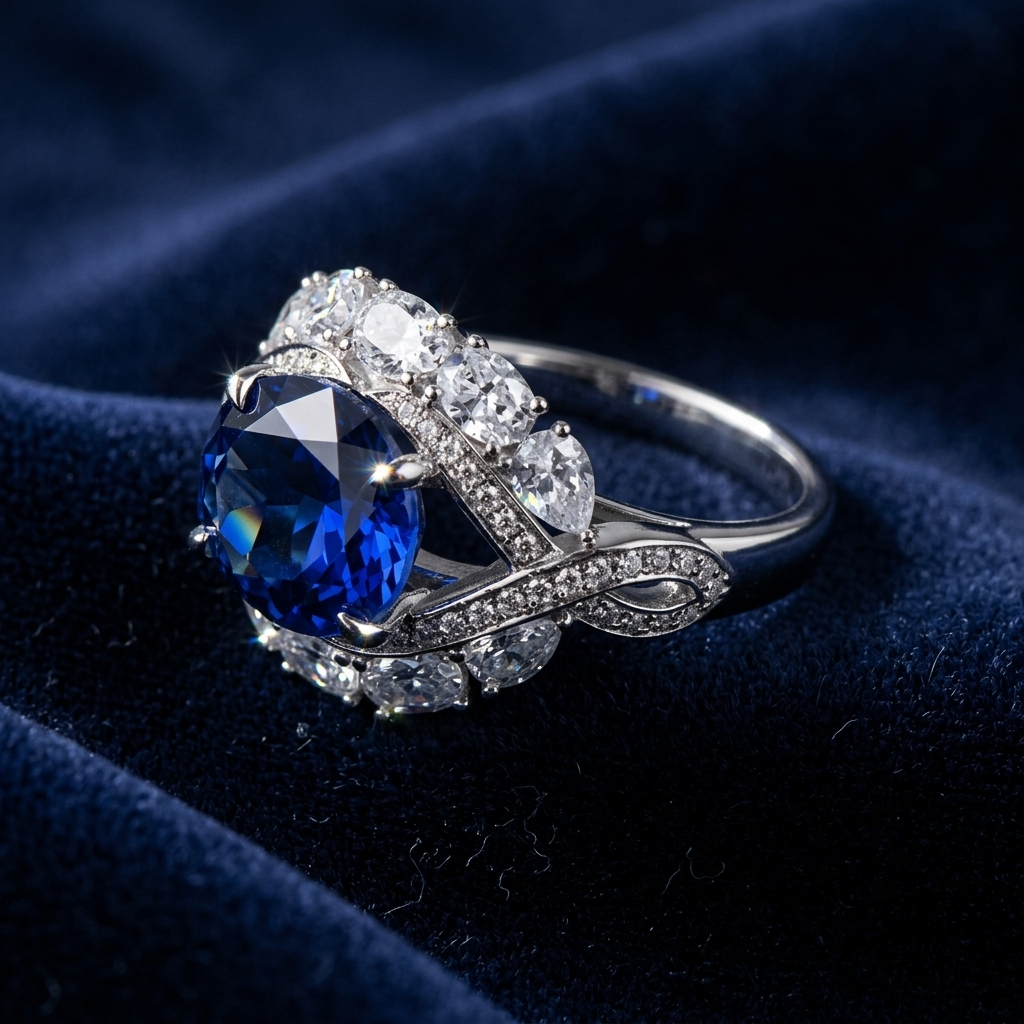 Sapphira 5-carat lab-grown blue sapphire ring in platinum-plated sterling silver by MerchLuxx
