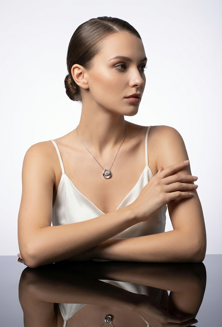 Woman wearing a 1 carat dancing moissanite circle necklace in platinum-plated 925 sterling silverwith a white top against a neutral background