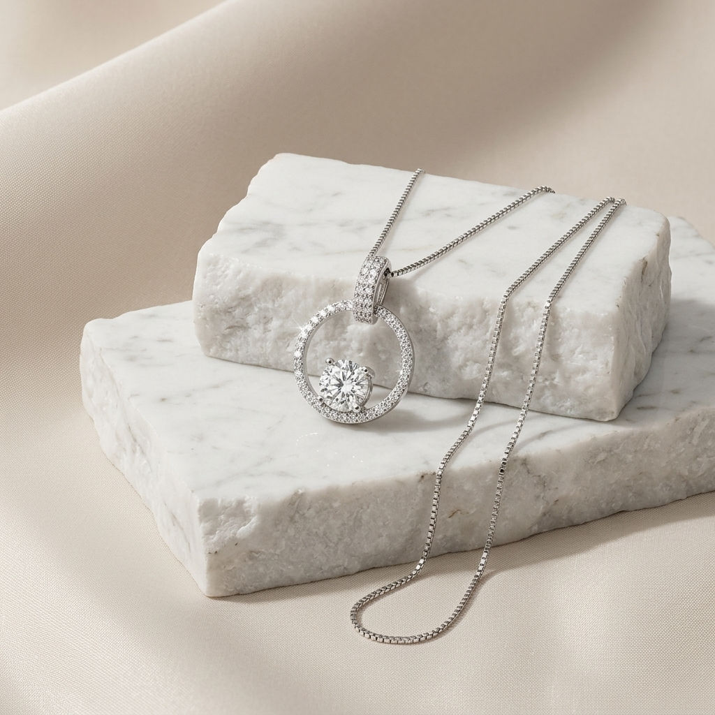 1 carat dancing moissanite circle necklace in platinum plated sterling silver
