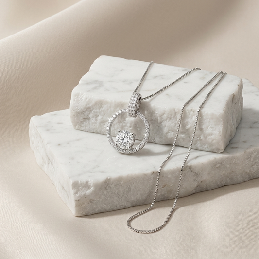 1 carat dancing moissanite circle necklace in platinum plated sterling silver