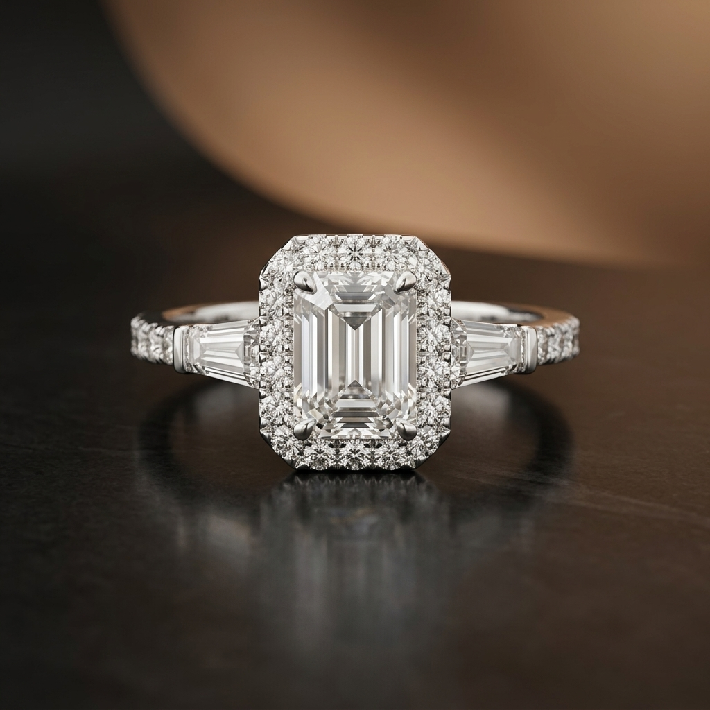 Virella emerald-cut moissanite halo ring in platinum-plated sterling silver by MerchLuxx