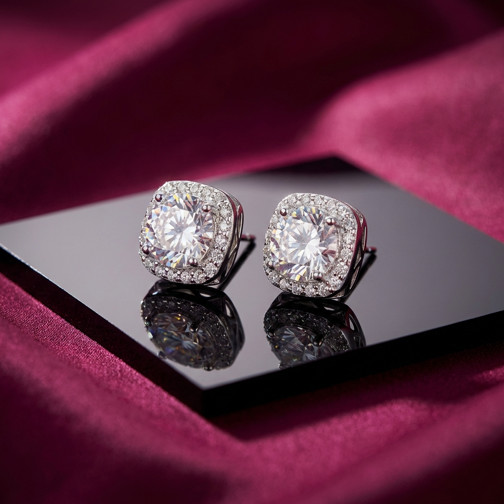 2.4 carat moissanite halo stud earrings in platinum-plated 925 sterling silver with zircon accents