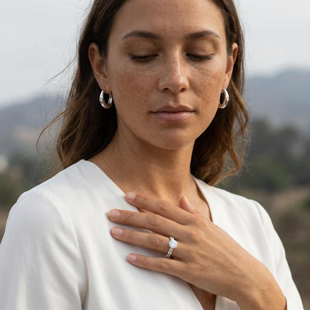 Woman wearing a white top with a blurred natural background wearing 0.12ct moissanite channel hoop earrings in sterling silver with platinum plating