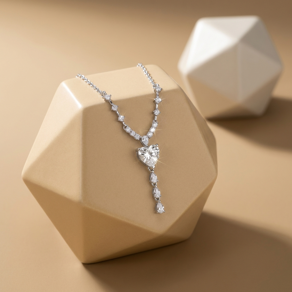 3-carat moissanite drop necklace in platinum-plated 925 sterling silver with V-shaped accent stones on a beige geometric stone with a soft focus background