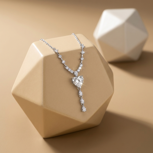 3-carat moissanite drop necklace in platinum-plated 925 sterling silver with V-shaped accent stones on a beige geometric stone with a soft focus background