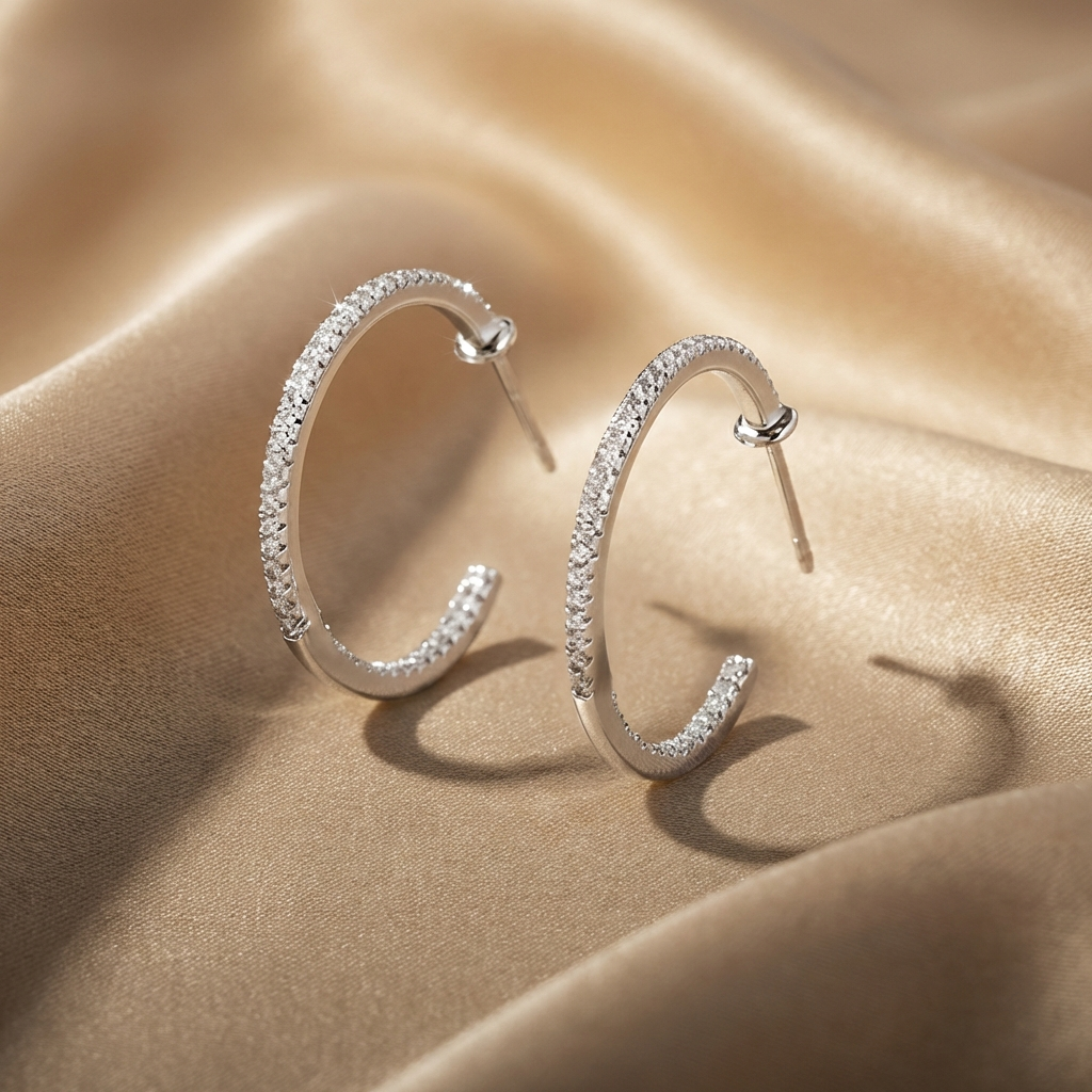 925 sterling silver pavé zircon C-hoop earrings with full sparkle setting on a beige fabric background