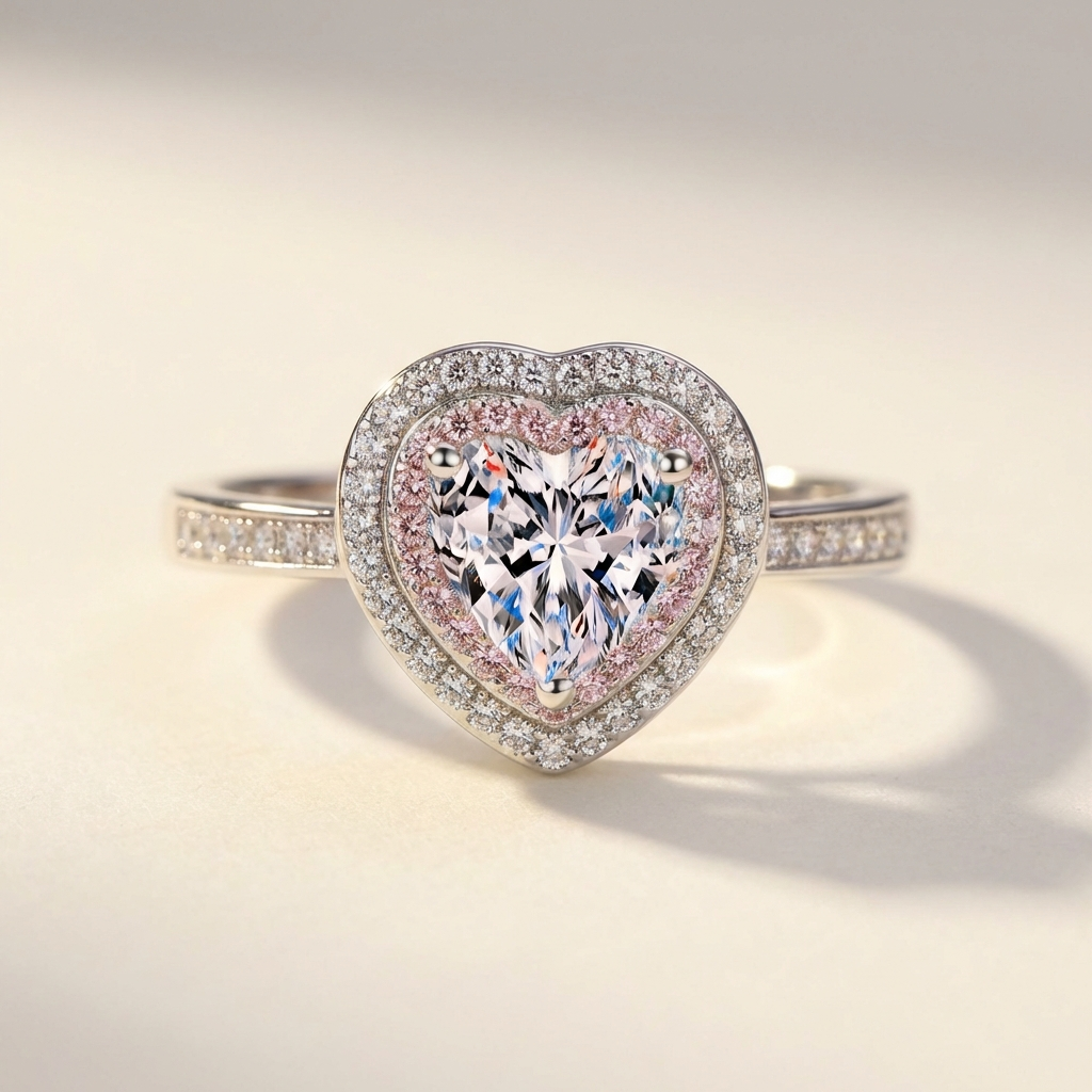  1 carat heart moissanite halo ring in rhodium-plated 925 sterling silver with pavé accents on a light background