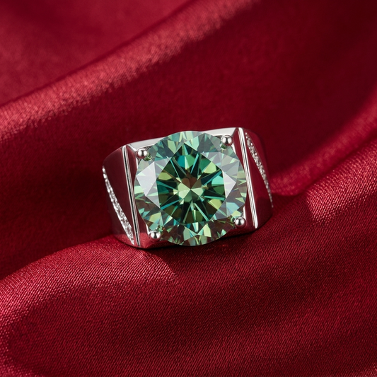 Verdante 10-carat green moissanite signet ring in platinum-plated sterling silver by MerchLuxx