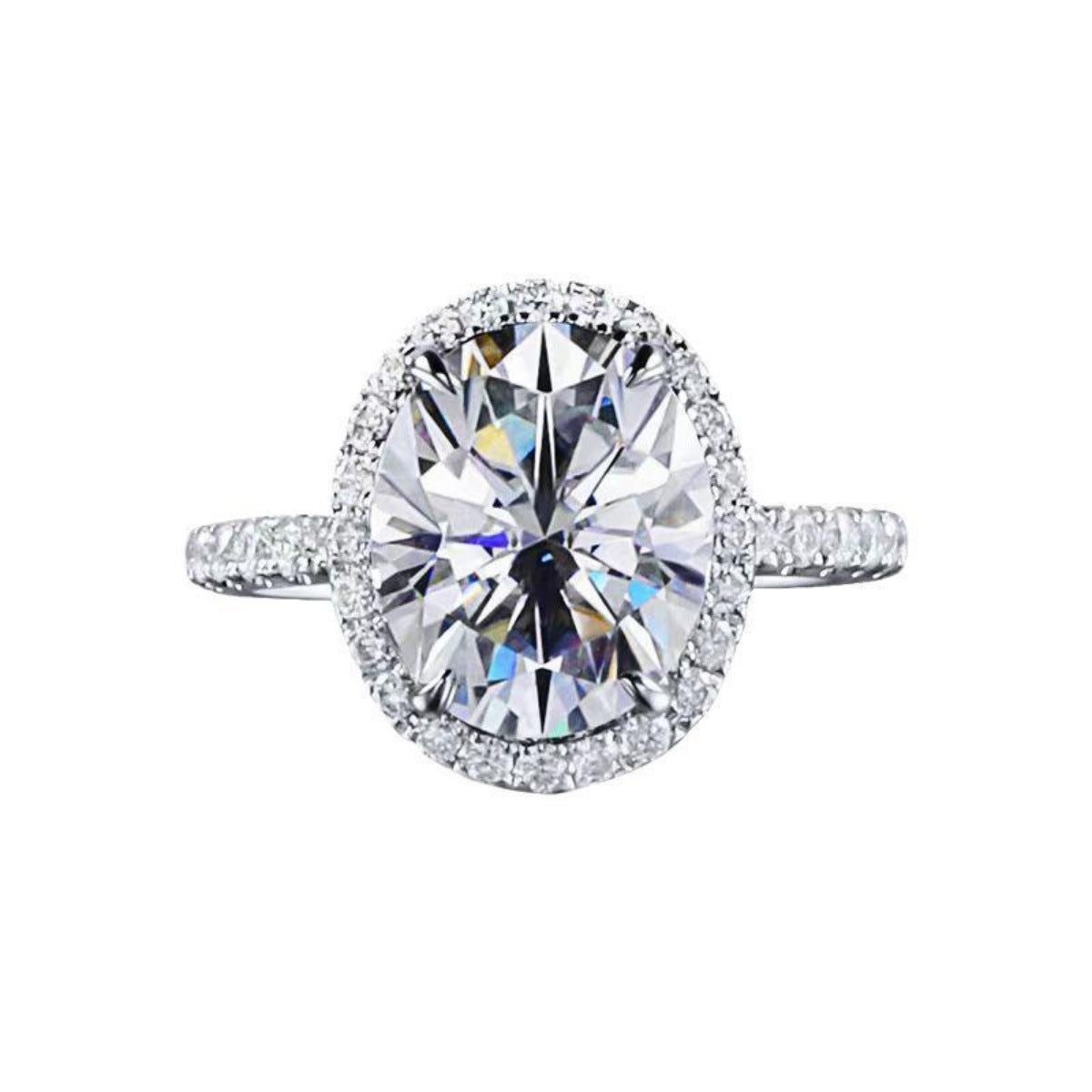 2 carat oval moissanite ring front view with sparkling accent band