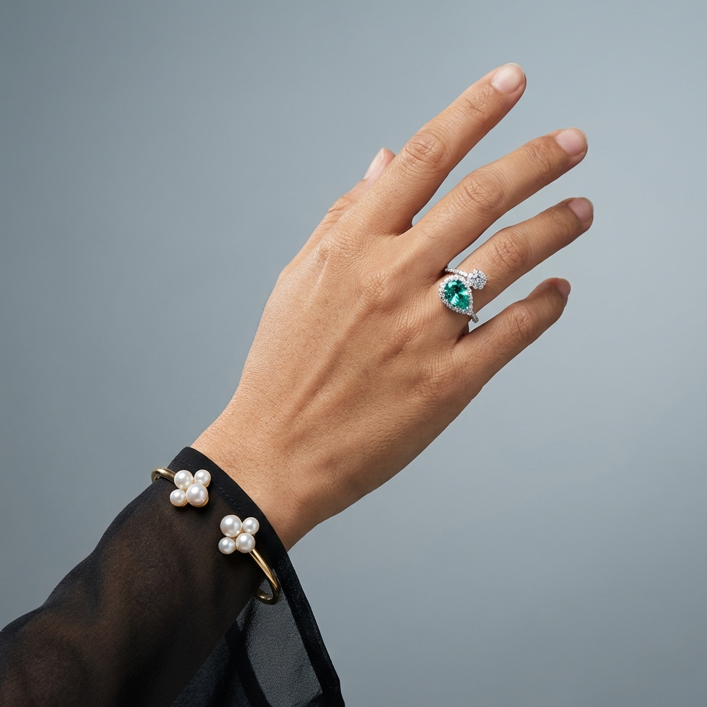 Hand wearing a Seraphine 2-carat moissanite bypass ring in sterling silver by MerchLuxx on a gray background