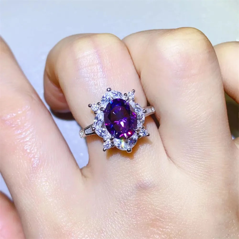Veloria 2-carat violet moissanite floral halo ring in sterling silver by MerchLuxx