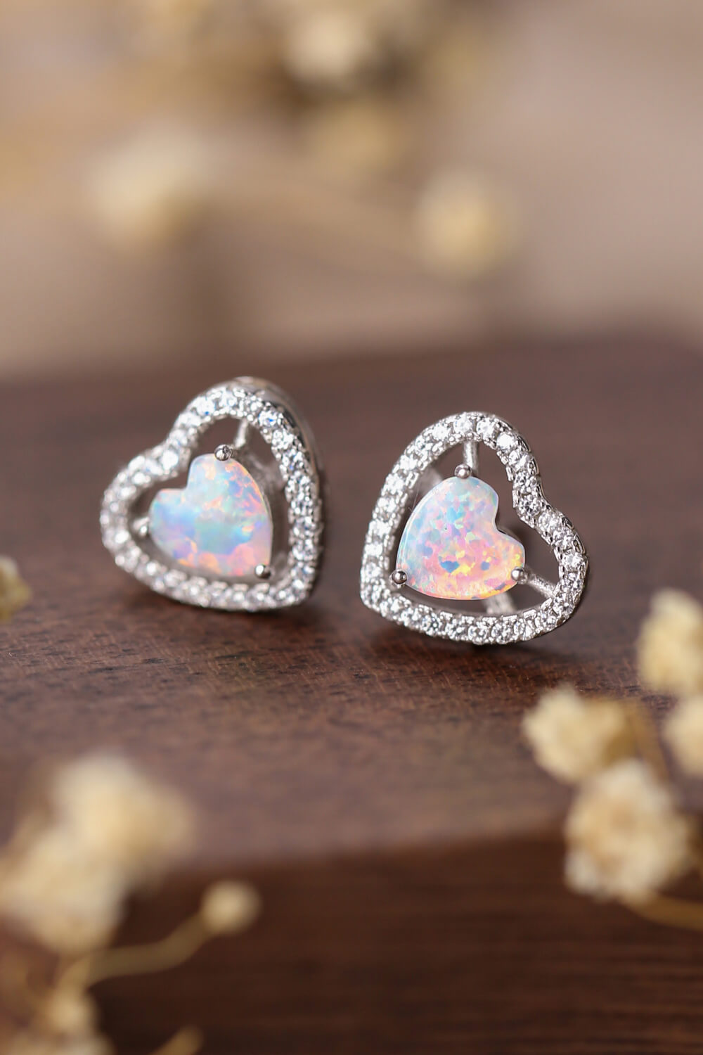 925 Sterling Silver Opal Heart Stud Earrings – Platinum-Plated | MerchLuxx - MerchLuxx