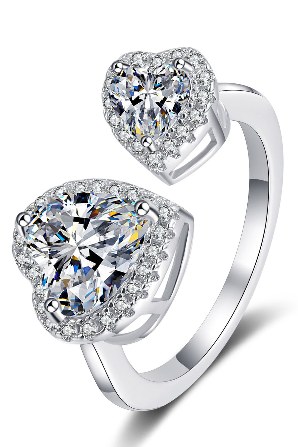 Angled view of the Lunara™ Double Heart Ring showcasing the polished band