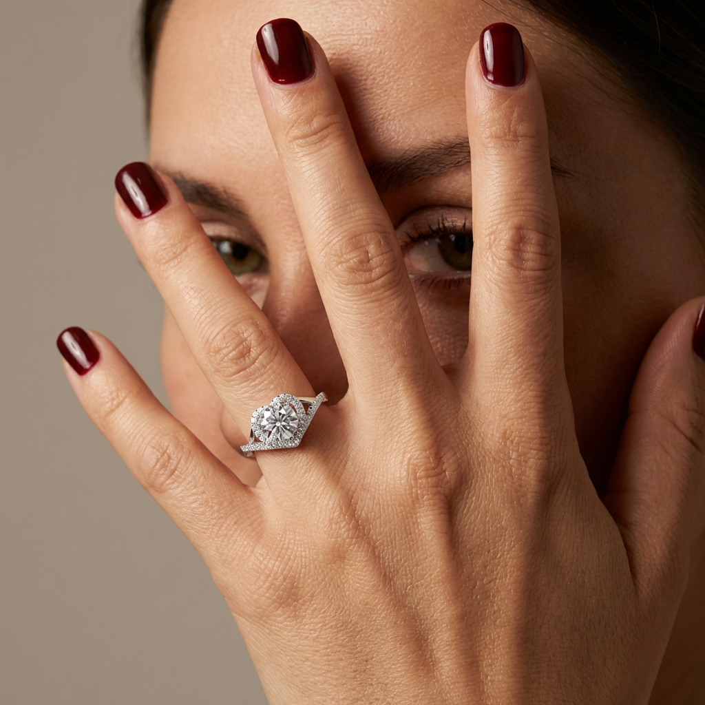 Close-up of a hand with the  1-carat heart moissanite halo ring in platinum-plated sterling silver available in green, yellow, and white on a neutral background