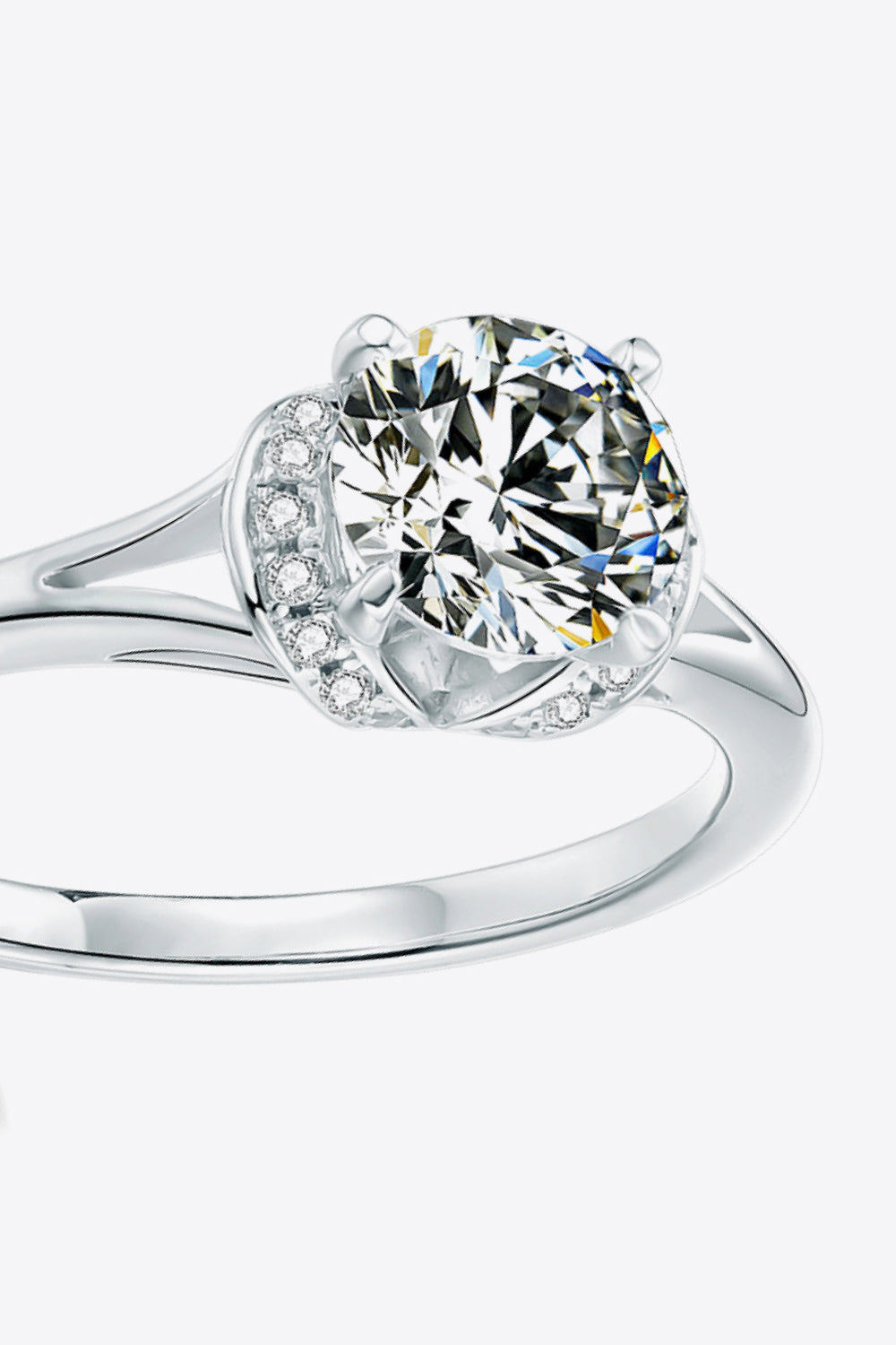 Velora moissanite split shank ring with brilliant center stone and polished silver band