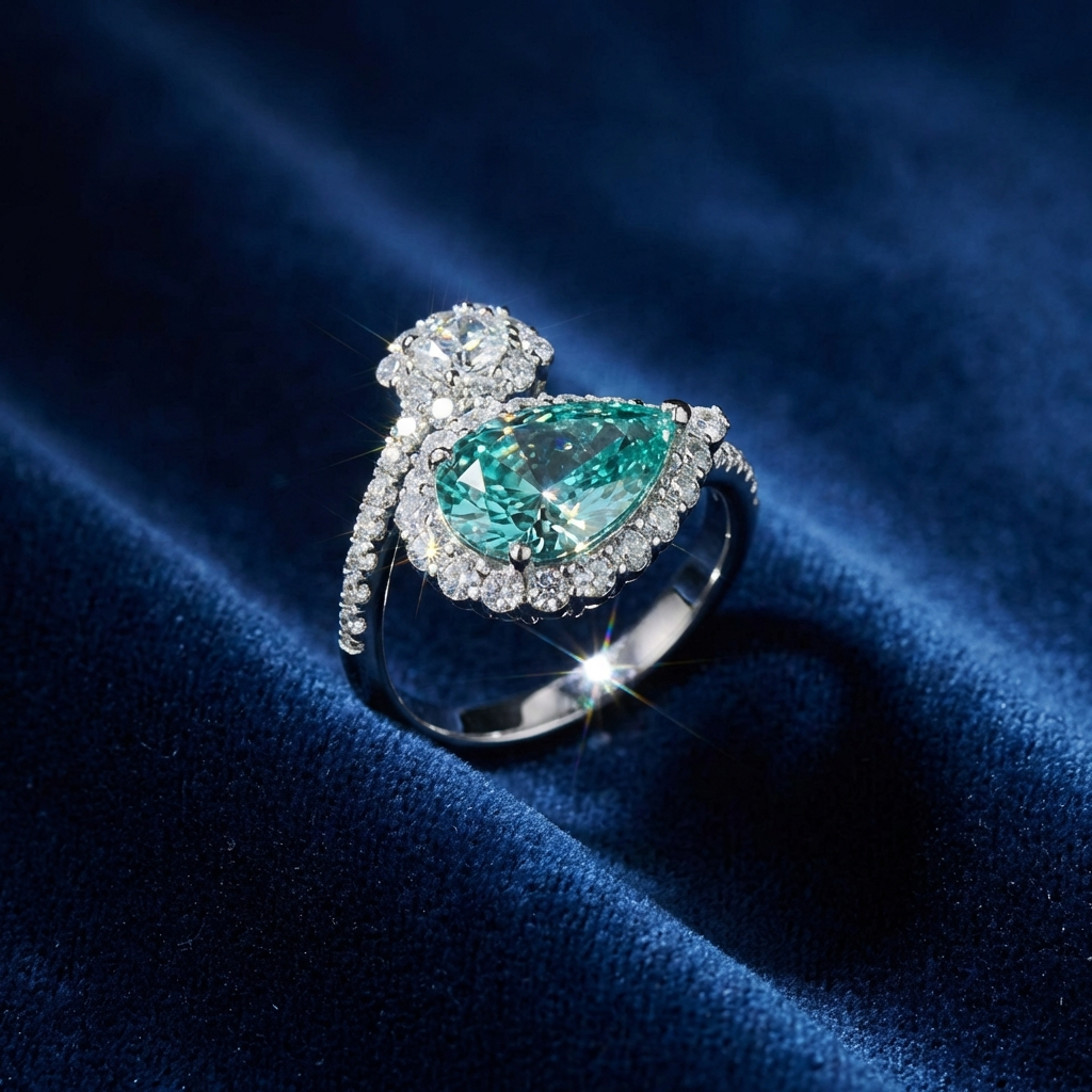 Seraphine 2-carat moissanite bypass ring in sterling silver by MerchLuxx on a blue velvet background