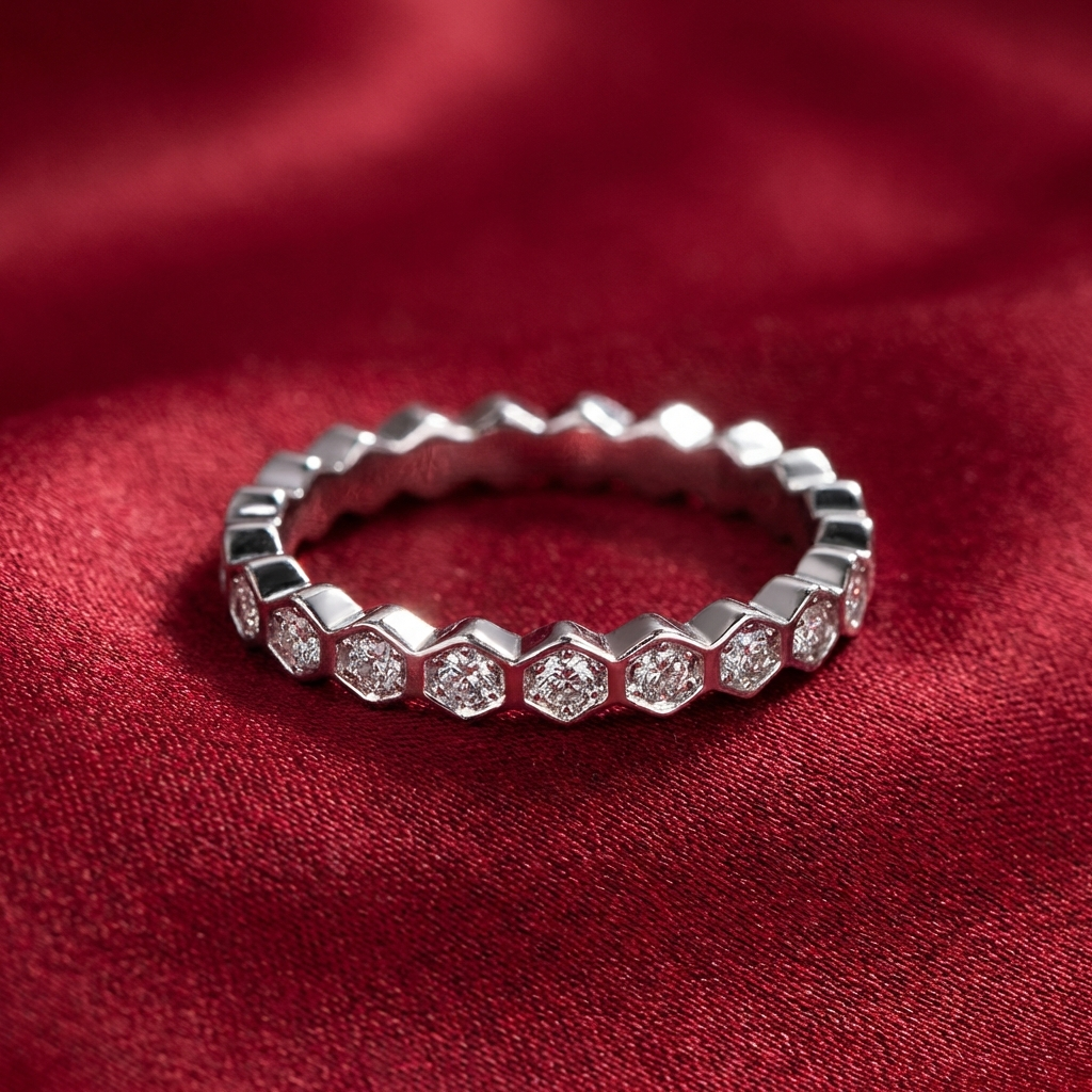 Eternyx moissanite hexagon eternity ring in rhodium-plated sterling silver by MerchLuxx