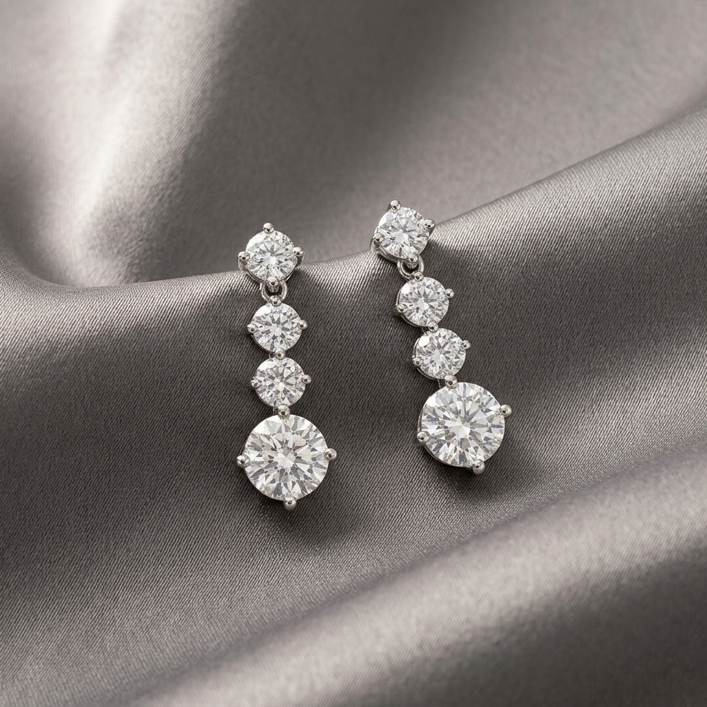 Celestia™ Moissanite Drop Earrings  on a draped gray satin fabric.