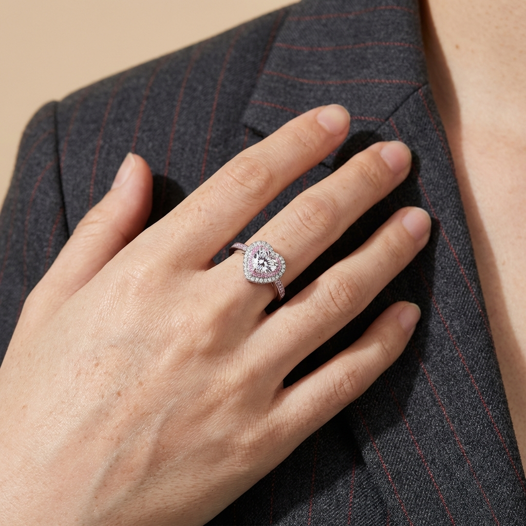 Hand wearing 1 carat heart moissanite halo ring in rhodium-plated 925 sterling silver with pavé accents  on a dark suit background