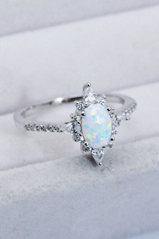 Platinum-Plated Opal & Zircon Ring – Sterling Silver Minimalist Design | MerchLuxx - MerchLuxx