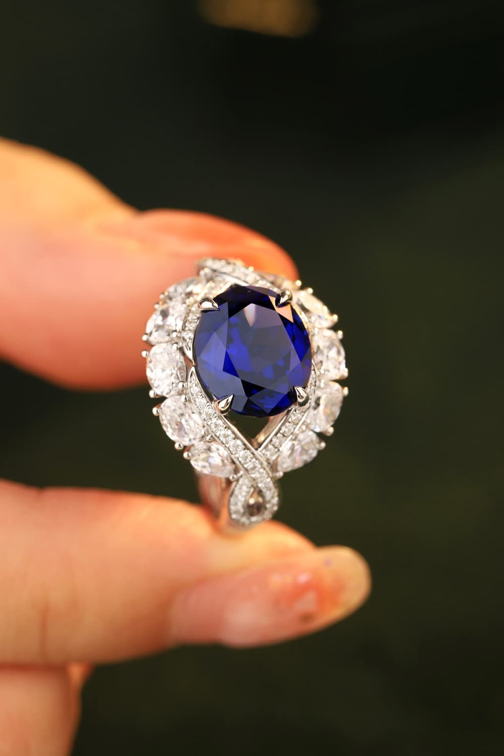 Sapphira 5-carat lab-grown blue sapphire ring in platinum-plated sterling silver by MerchLuxx