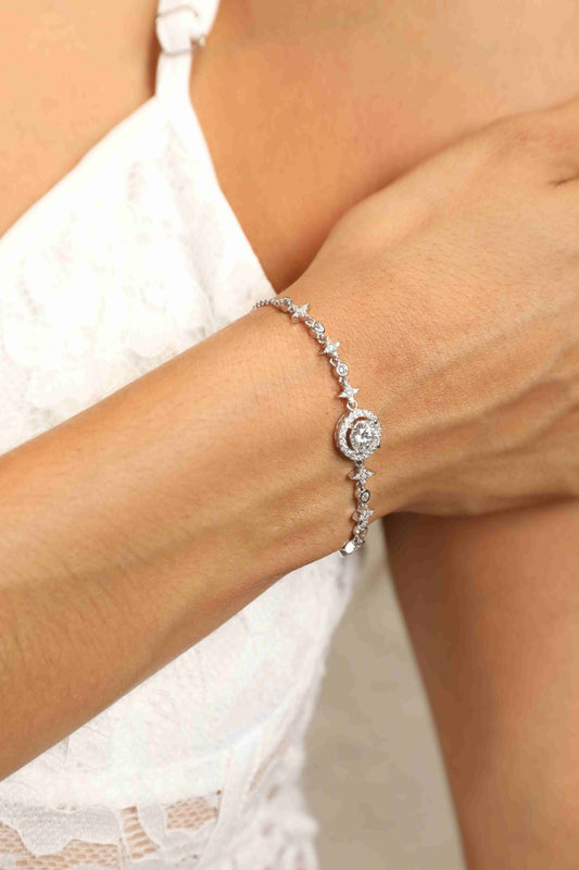 1 carat moissanite bracelet in sterling silver worn on wrist with minimalist design