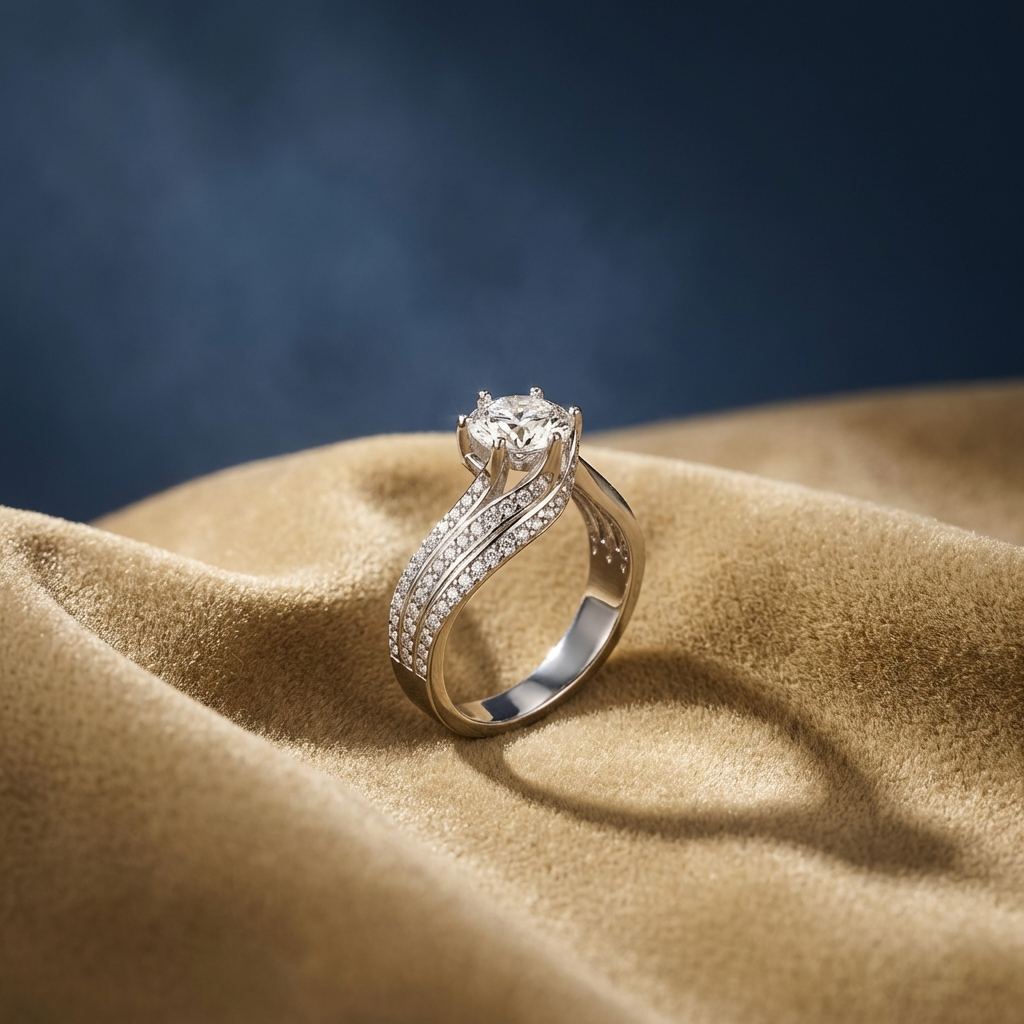 Elarisse 1-carat moissanite twist engagement ring in platinum-plated sterling silver by MerchLuxx on a beige fabric background