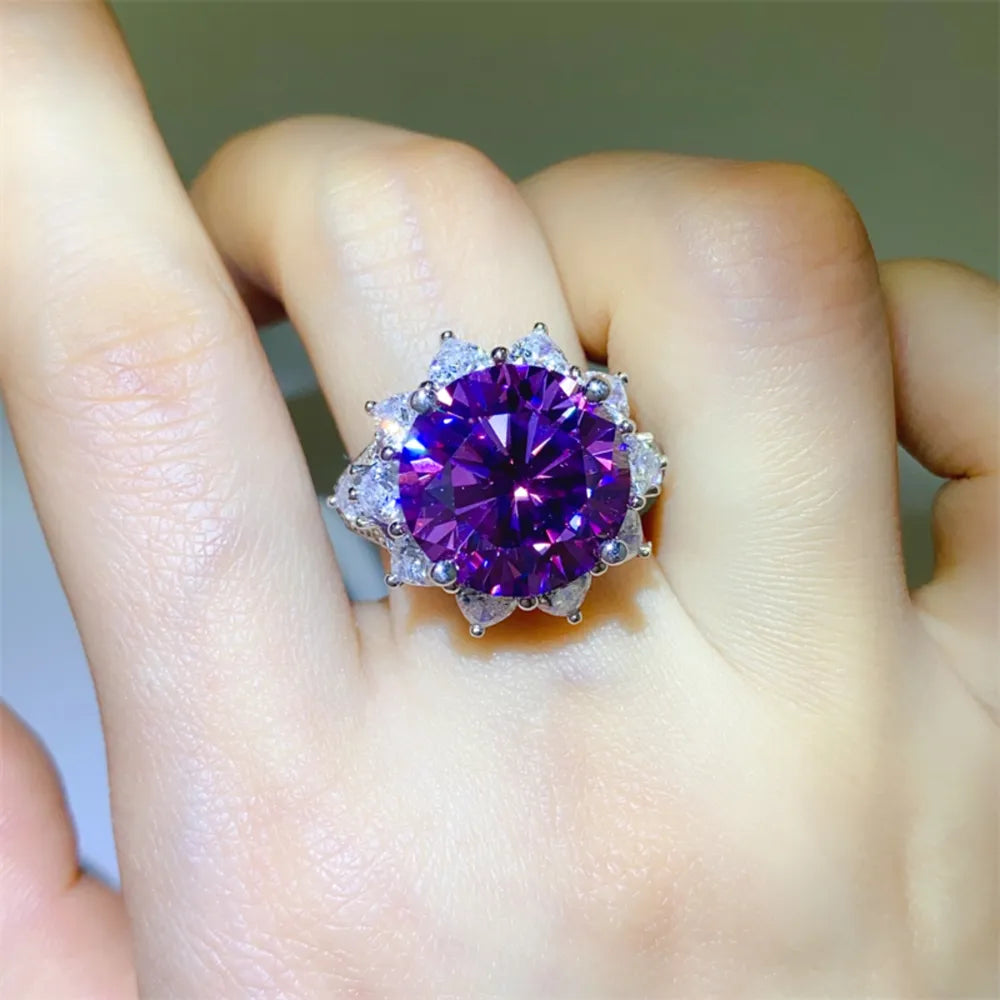 Floravelle 10-carat violet moissanite floral halo ring in sterling silver by MerchLuxx