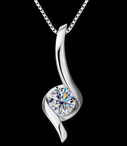 Aurivelle 1 carat moissanite pendant necklace in platinum and 18K gold vermeil worn on chain luxury jewelry MerchLuxx